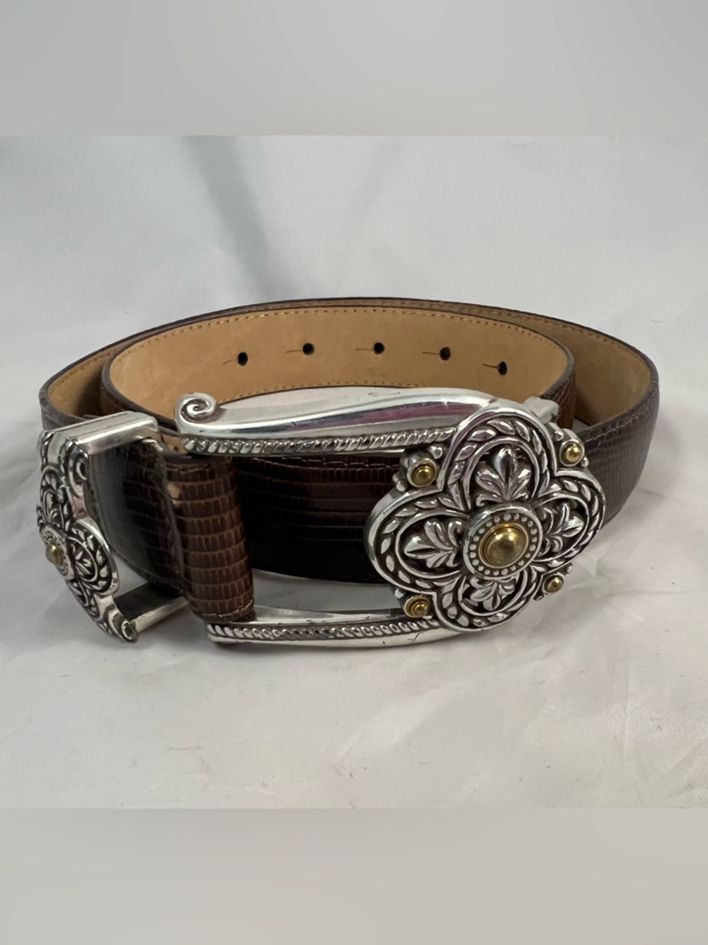 Brighton Brown Texture Leather Silver & Gold Tone Buckle Women's Belt Size S
